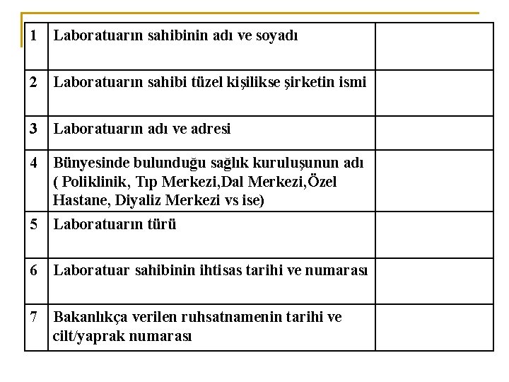 1 Laboratuarın sahibinin adı ve soyadı 2 Laboratuarın sahibi tüzel kişilikse şirketin ismi 3