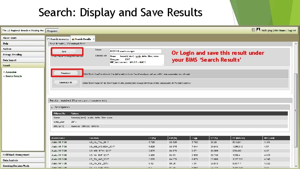 Search: Display and Save Results Or Login and save this result under your BIMS