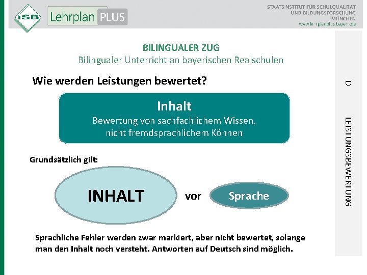 BILINGUALER ZUG Bilingualer Unterricht an bayerischen Realschulen D Wie werden Leistungen bewertet? Inhalt Grundsätzlich
