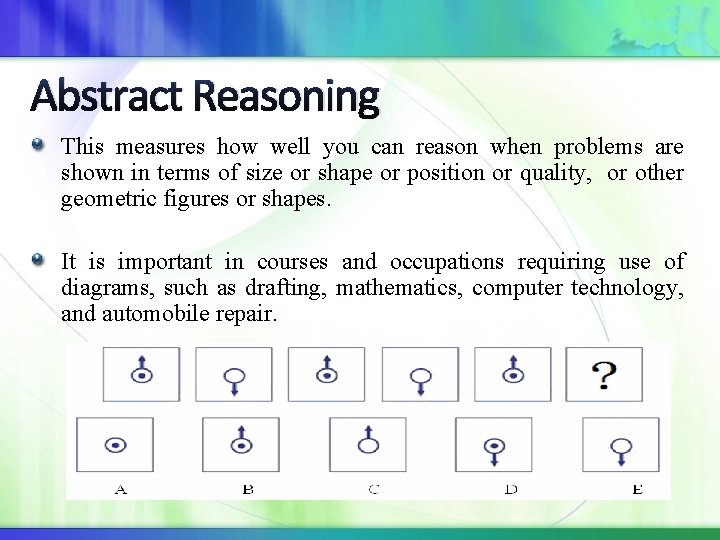 Abstract Reasoning This measures how well you can reason when problems are shown in