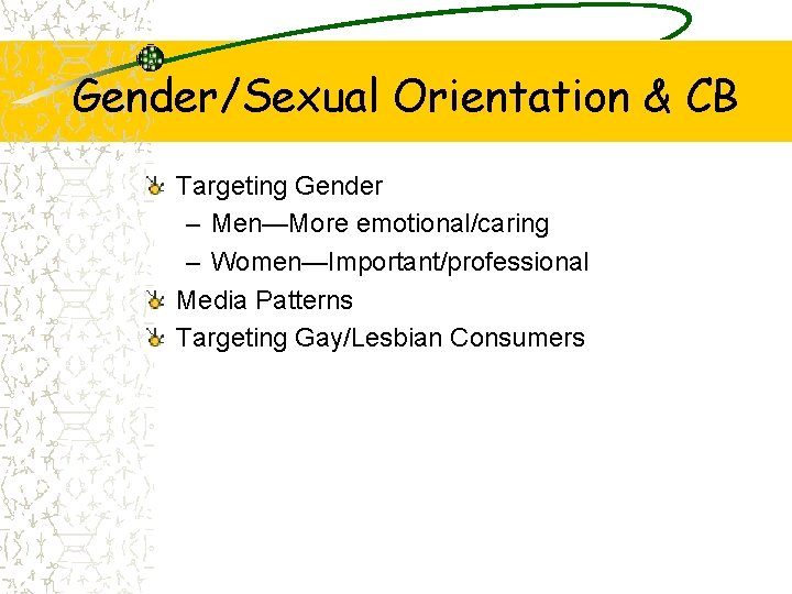Gender/Sexual Orientation & CB Targeting Gender – Men—More emotional/caring – Women—Important/professional Media Patterns Targeting