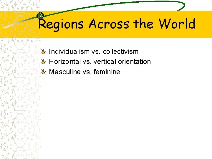Regions Across the World Individualism vs. collectivism Horizontal vs. vertical orientation Masculine vs. feminine