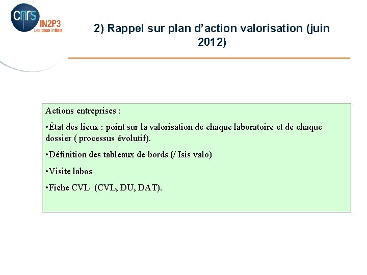 2) Rappel sur plan d’action valorisation (juin 2012) _______________________ Actions entreprises : • État