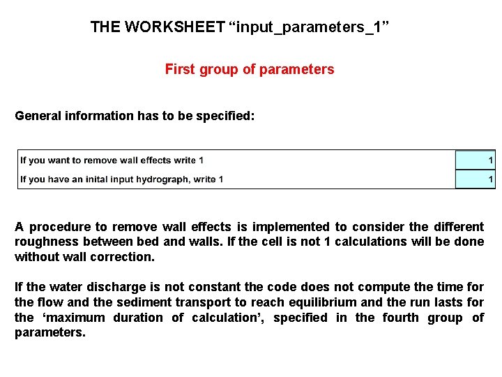 THE WORKSHEET “input_parameters_1” First group of parameters General information has to be specified: A