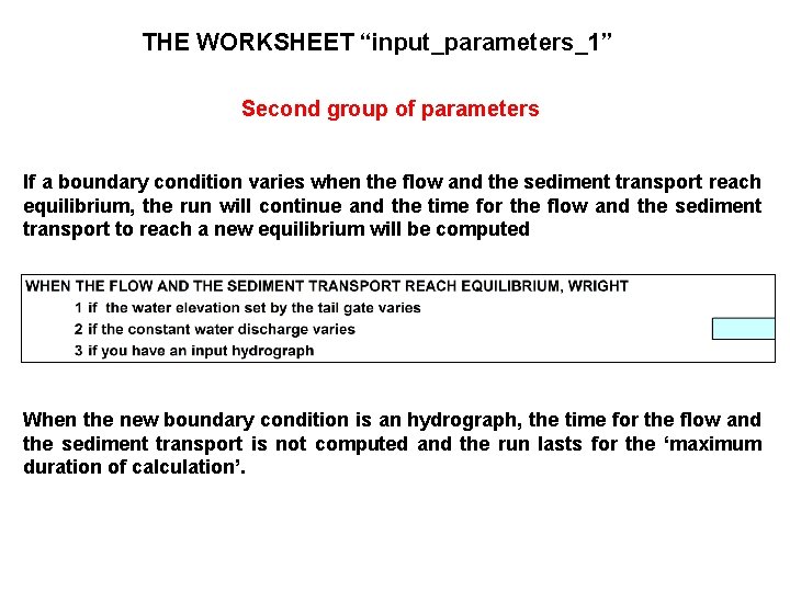 THE WORKSHEET “input_parameters_1” Second group of parameters If a boundary condition varies when the