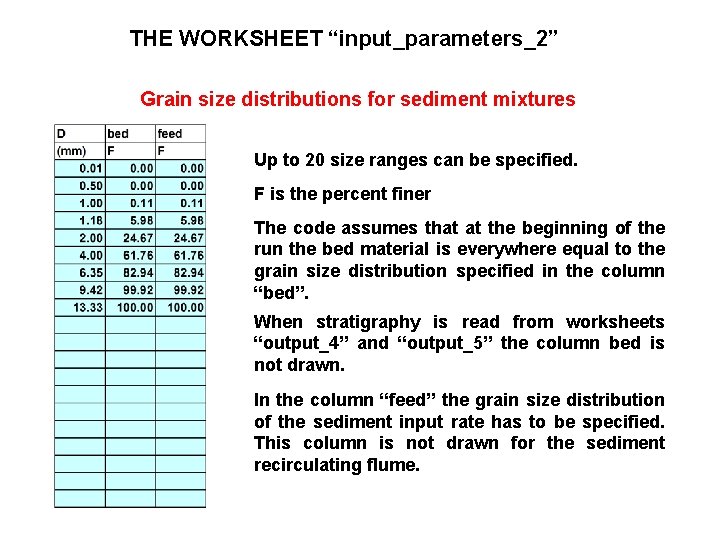 THE WORKSHEET “input_parameters_2” Grain size distributions for sediment mixtures Up to 20 size ranges