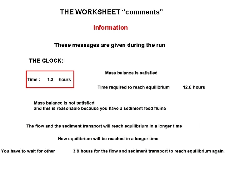 THE WORKSHEET “comments” Information These messages are given during the run THE CLOCK: 