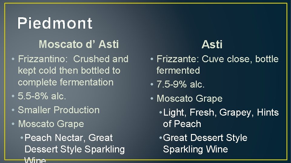 Piedmont Moscato d’ Asti • Frizzantino: Crushed and kept cold then bottled to complete