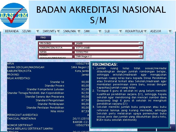 BADAN AKREDITASI NASIONAL S/M BERANDA SD/MI SMP/MTs SMA/MA SMK SLB REKAPITULASI ASESOR FIND PROVINSI