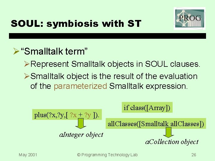 SOUL: symbiosis with ST Ø “Smalltalk term” ØRepresent Smalltalk objects in SOUL clauses. ØSmalltalk