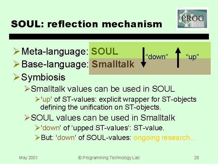 SOUL: reflection mechanism Ø Meta-language: SOUL Ø Base-language: Smalltalk Ø Symbiosis “down” “up” ØSmalltalk