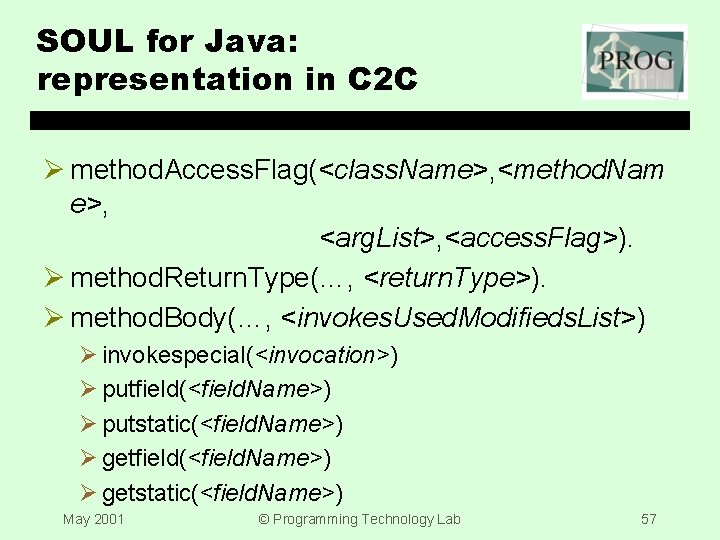SOUL for Java: representation in C 2 C Ø method. Access. Flag(<class. Name>, <method.