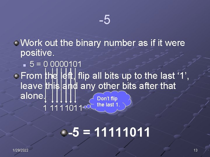 -5 Work out the binary number as if it were positive. n 5 = -5 Work out the binary number as if it were positive. n 5 =