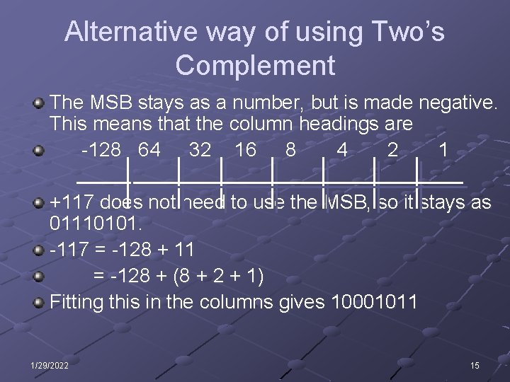 Alternative way of using Two’s Complement The MSB stays as a number, but is Alternative way of using Two’s Complement The MSB stays as a number, but is