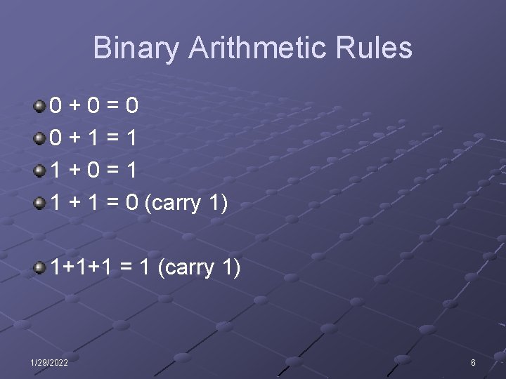 Binary Arithmetic Rules 0+0=0 0+1=1 1+0=1 1 + 1 = 0 (carry 1) 1+1+1 Binary Arithmetic Rules 0+0=0 0+1=1 1+0=1 1 + 1 = 0 (carry 1) 1+1+1