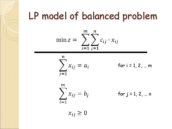 LP model of balanced problem for i = 1, 2, … m for j LP model of balanced problem for i = 1, 2, … m for j