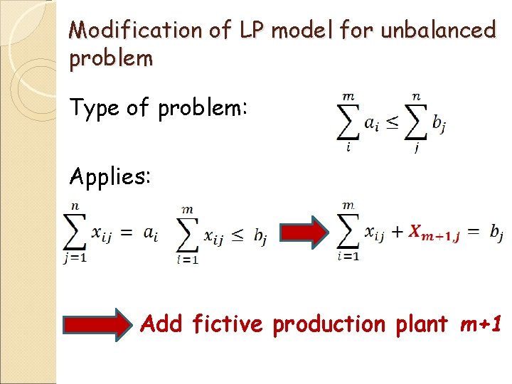 Modification of LP model for unbalanced problem Type of problem: Applies: Add fictive production Modification of LP model for unbalanced problem Type of problem: Applies: Add fictive production