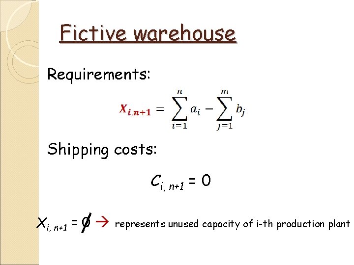 Fictive warehouse Requirements: Shipping costs: Ci, n+1 = 0 Xi, n+1 = 0 represents Fictive warehouse Requirements: Shipping costs: Ci, n+1 = 0 Xi, n+1 = 0 represents