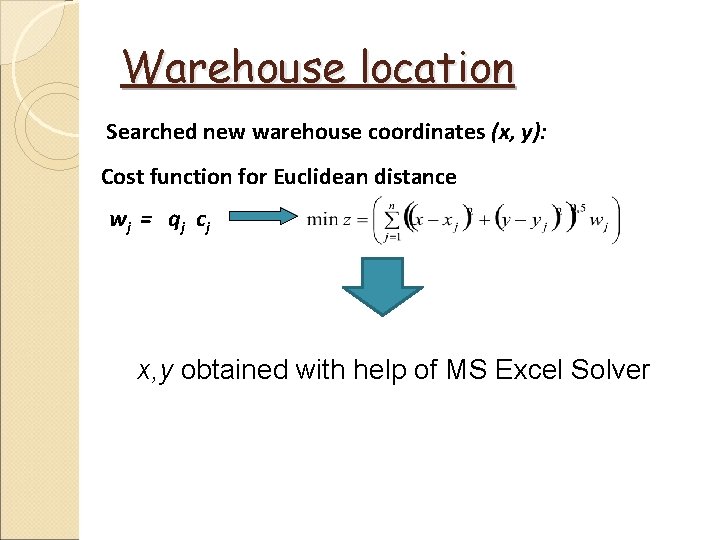 Warehouse location Searched new warehouse coordinates (x, y): Cost function for Euclidean distance wj Warehouse location Searched new warehouse coordinates (x, y): Cost function for Euclidean distance wj