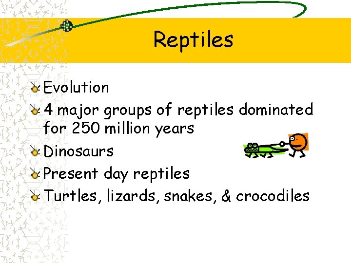 Reptiles Evolution 4 major groups of reptiles dominated for 250 million years Dinosaurs Present