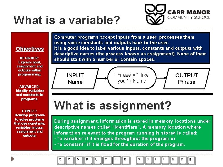 What is a variable? Objectives BEGINNER: Explain input, assignment and outputs within programming. ADVANCED: What is a variable? Objectives BEGINNER: Explain input, assignment and outputs within programming. ADVANCED: