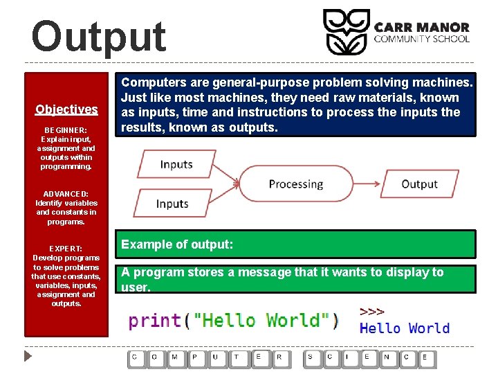 Output Objectives BEGINNER: Explain input, assignment and outputs within programming. Computers are general-purpose problem Output Objectives BEGINNER: Explain input, assignment and outputs within programming. Computers are general-purpose problem