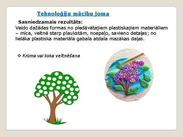 Tehnoloģiju mācību joma Sasniedzamais rezultāts: Veido dažādas formas no piedāvātajiem plastiskajiem materiāliem – mīca,