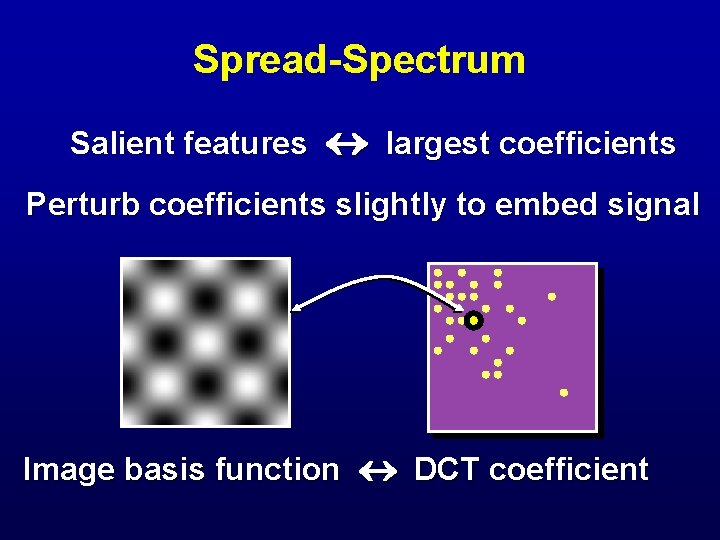 Spread-Spectrum Salient features largest coefficients Perturb coefficients slightly to embed signal Image basis function