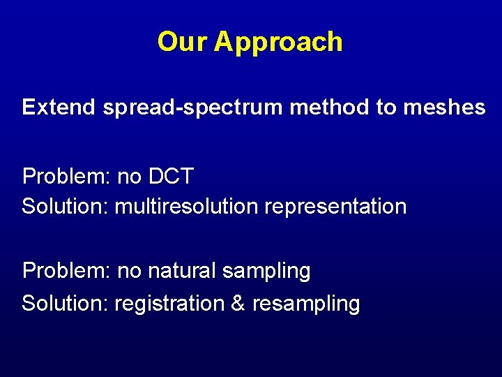 Our Approach Extend spread-spectrum method to meshes Problem: no DCT Solution: multiresolution representation Problem: