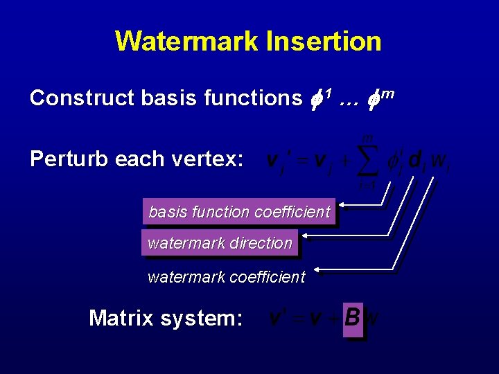 Watermark Insertion Construct basis functions 1 … m Perturb each vertex: basis function coefficient