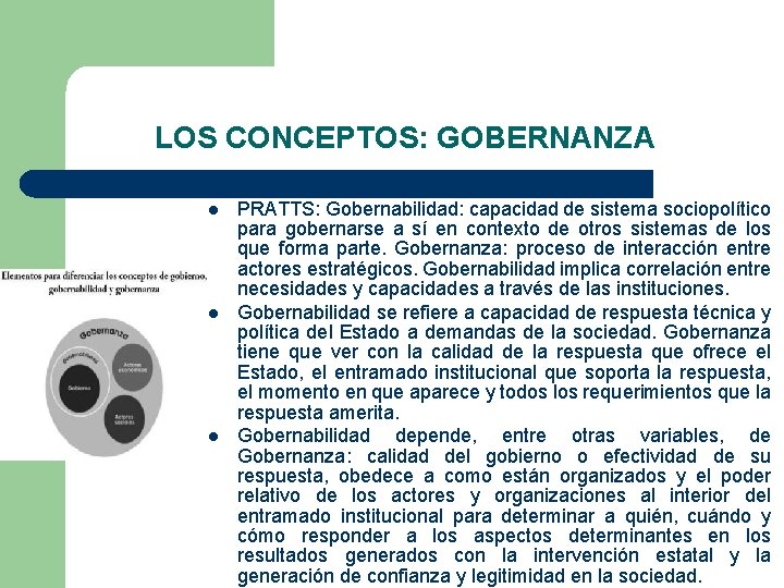 LOS CONCEPTOS: GOBERNANZA l l l PRATTS: Gobernabilidad: capacidad de sistema sociopolítico para gobernarse