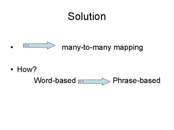 Solution • many-to-many mapping • How? Word-based Phrase-based 