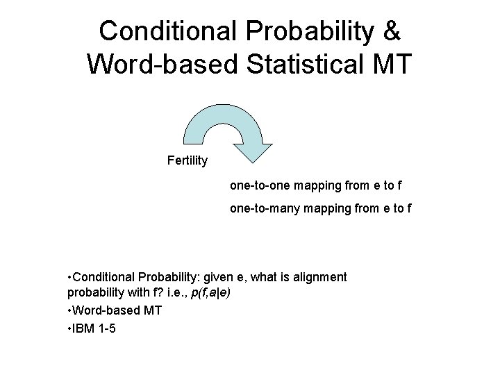 Conditional Probability & Word-based Statistical MT Fertility one-to-one mapping from e to f one-to-many