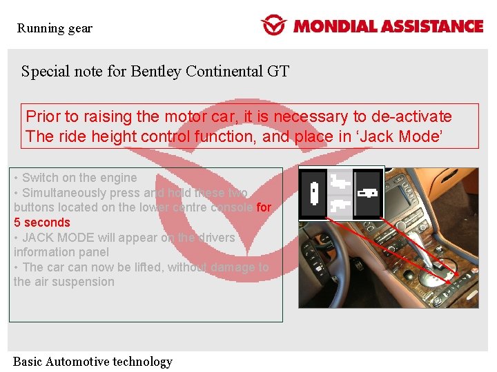 Running gear Special note for Bentley Continental GT Prior to raising the motor car, Running gear Special note for Bentley Continental GT Prior to raising the motor car,