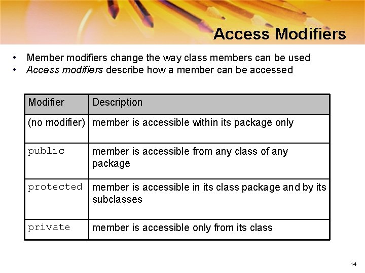 Access Modifiers • Member modifiers change the way class members can be used •