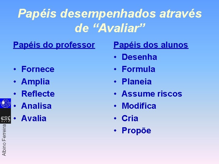 Papéis desempenhados através de “Avaliar” Papéis do professor Albino Ferreira • • • Fornece