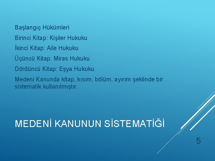 Başlangıç Hükümleri Birinci Kitap: Kişiler Hukuku İkinci Kitap: Aile Hukuku Üçüncü Kitap: Miras Hukuku