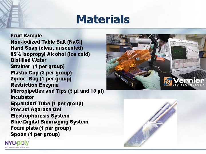Materials Fruit Sample Non-Iodized Table Salt (Na. Cl) Hand Soap (clear, unscented) 95% Isopropyl