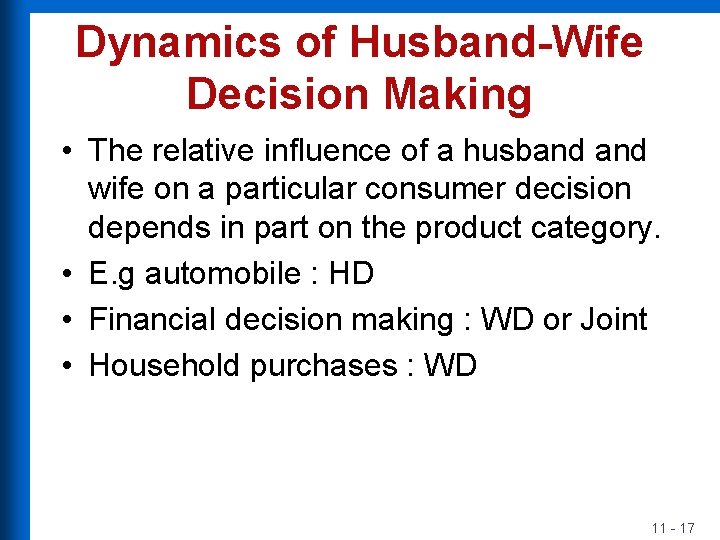 Dynamics of Husband-Wife Decision Making • The relative influence of a husband wife on