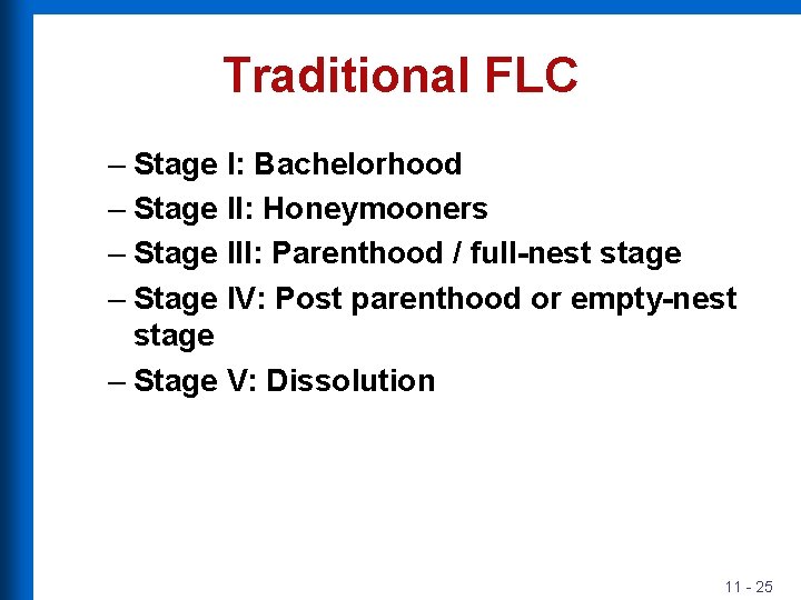 Traditional FLC – Stage I: Bachelorhood – Stage II: Honeymooners – Stage III: Parenthood