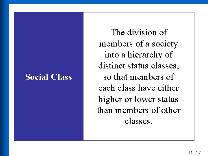 Social Class The division of members of a society into a hierarchy of distinct