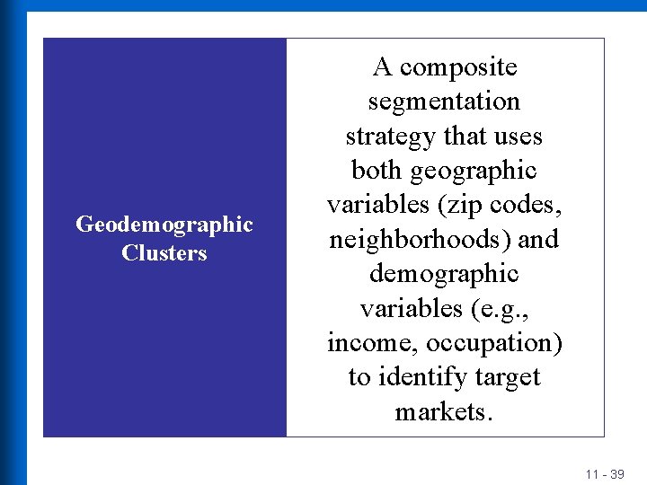 Geodemographic Clusters A composite segmentation strategy that uses both geographic variables (zip codes, neighborhoods)