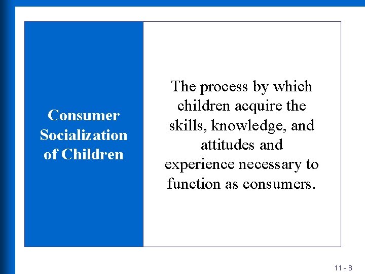 Consumer Socialization of Children The process by which children acquire the skills, knowledge, and