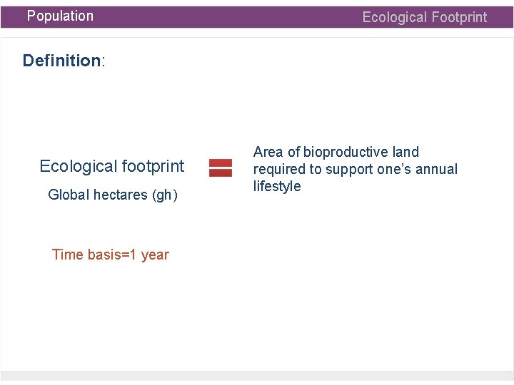 Population Ecological Footprint Definition: Ecological footprint Global hectares (gh) Time basis=1 year Area of