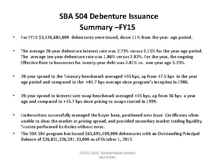 SBA 504 Debenture Issuance Summary –FY 15 • For FY 15 $3, 426, 684,