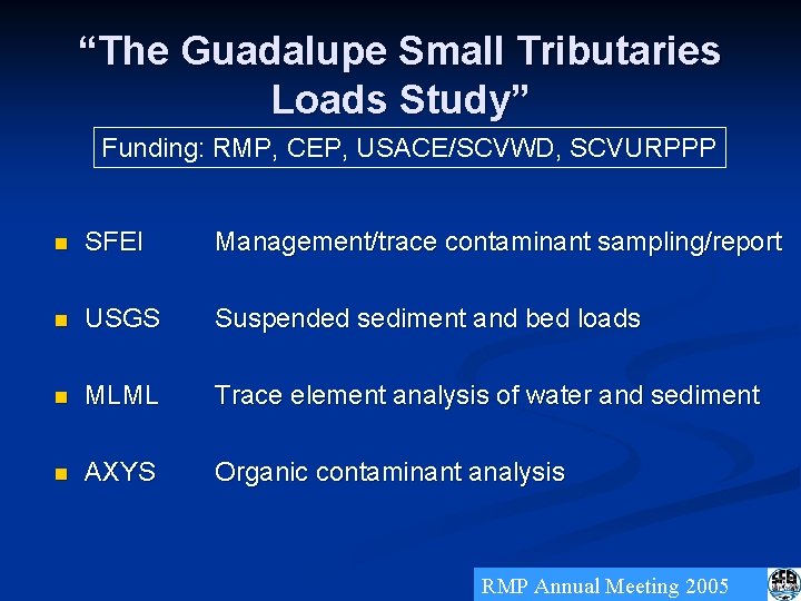 “The Guadalupe Small Tributaries Loads Study” Funding: RMP, CEP, USACE/SCVWD, SCVURPPP n SFEI Management/trace