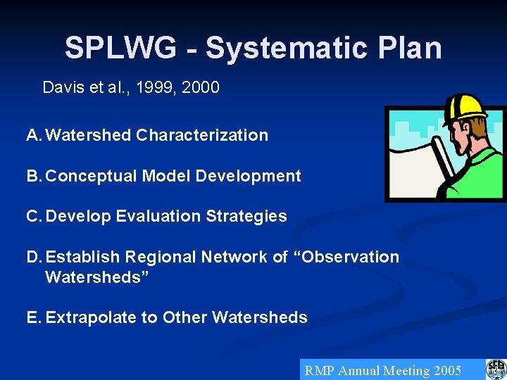 SPLWG - Systematic Plan Davis et al. , 1999, 2000 A. Watershed Characterization B.