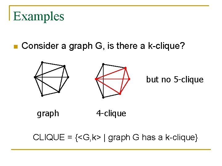 Examples n Consider a graph G, is there a k-clique? but no 5 -clique