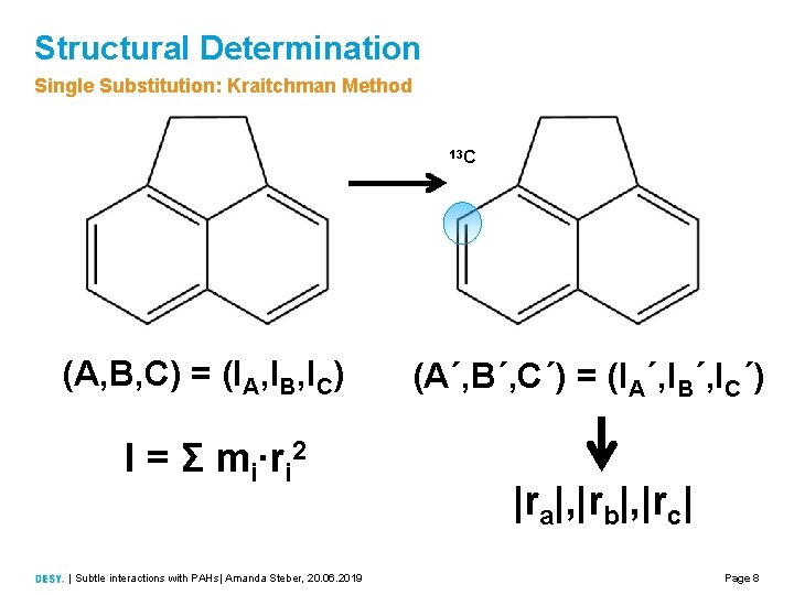 Structural Determination Single Substitution: Kraitchman Method 13 C (A, B, C) = (IA, IB,