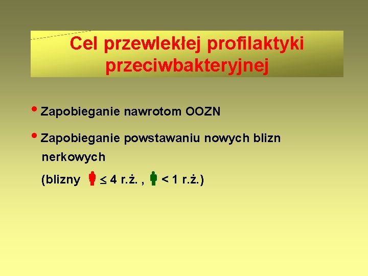 Cel przewlekłej profilaktyki przeciwbakteryjnej • Zapobieganie nawrotom OOZN • Zapobieganie powstawaniu nowych blizn nerkowych